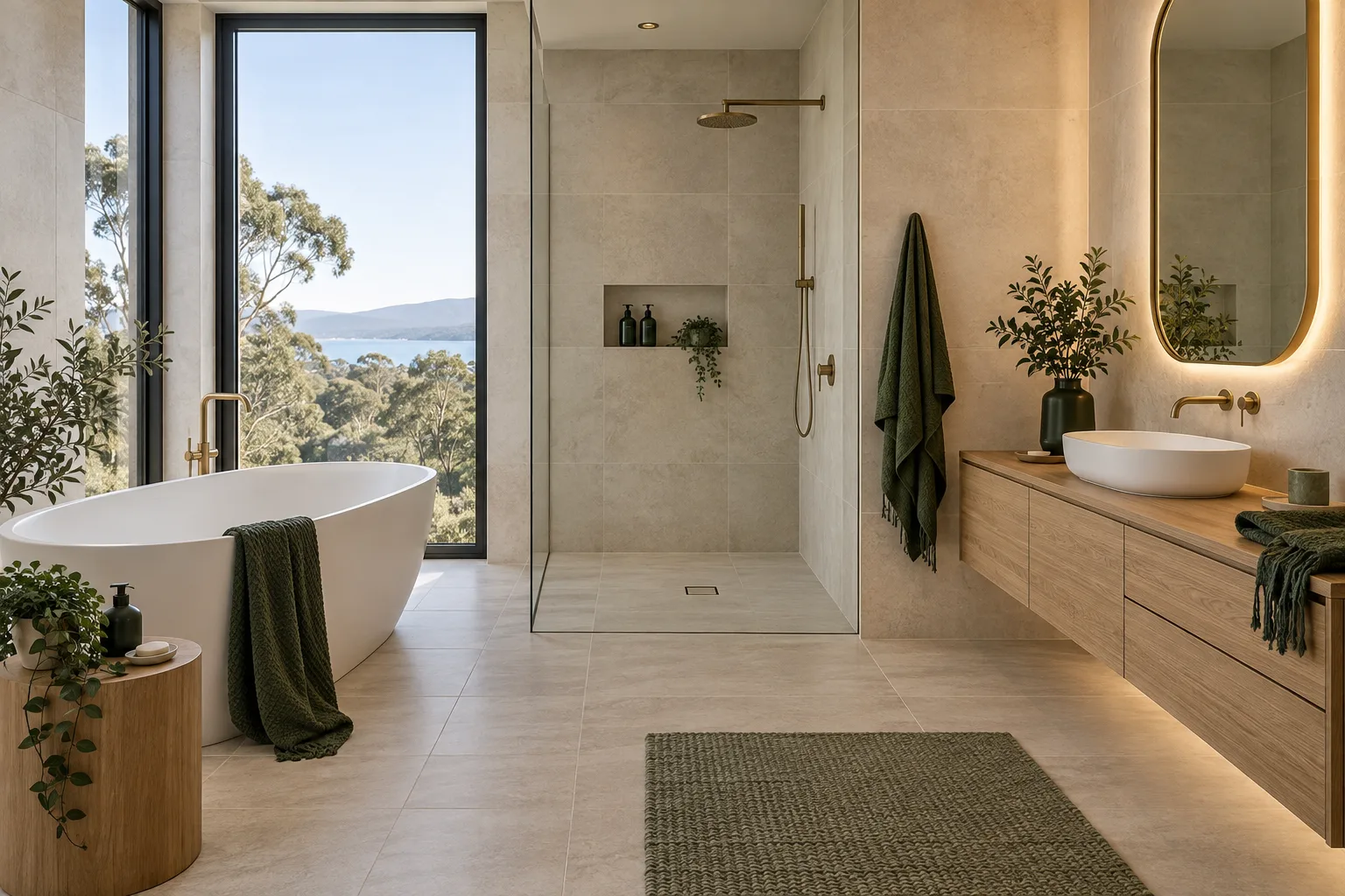 Illustrative bathroom design with warm neutral tiles and contemporary fittings