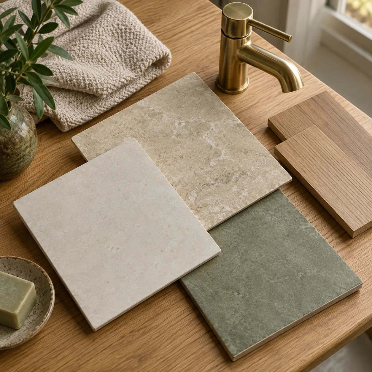 Bathroom material selection with porcelain tiles, timber and brass tapware — design inspiration