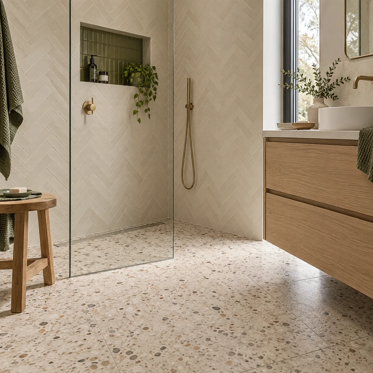 Bathroom tiling design with ivory herringbone walls and a terrazzo floor — design inspiration