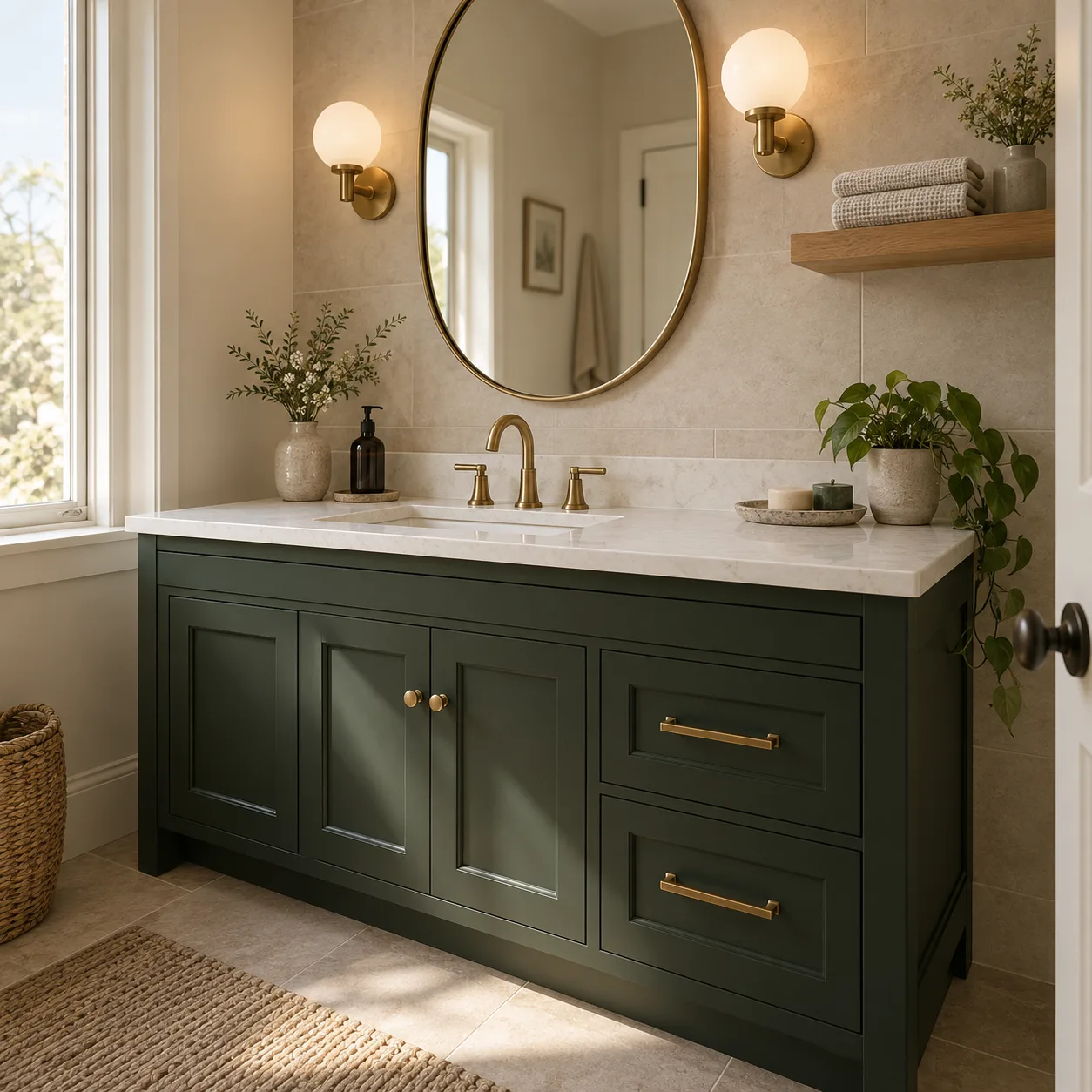 Green vanity makeover with brass tapware, an oval mirror and warm lighting — design inspiration
