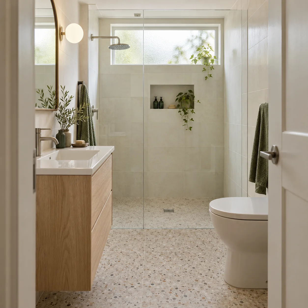 Compact bathroom with a slim vanity, toilet and clear glass shower — design inspiration
