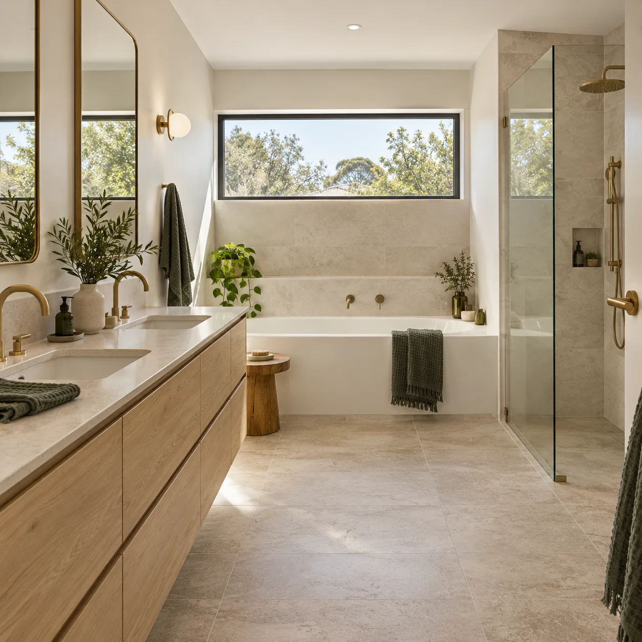 Complete bathroom design with a double vanity, built-in bath and separate shower — design inspiration