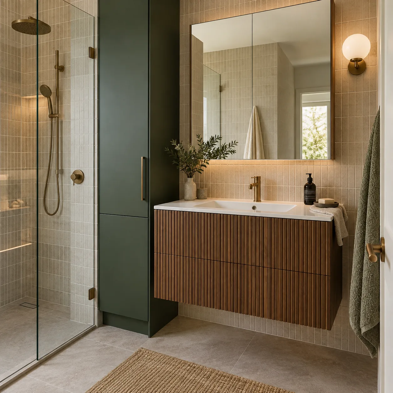 Ensuite design with a fluted timber vanity and tall green storage cupboard — design inspiration