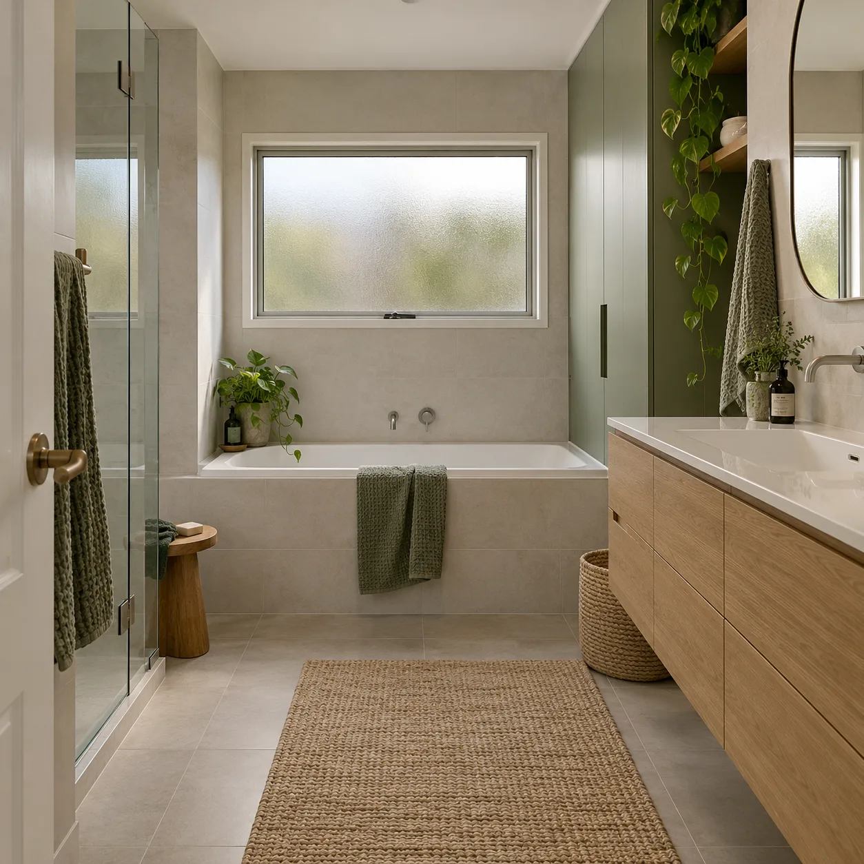 Family bathroom with a built-in bath, timber vanity and practical storage — design inspiration