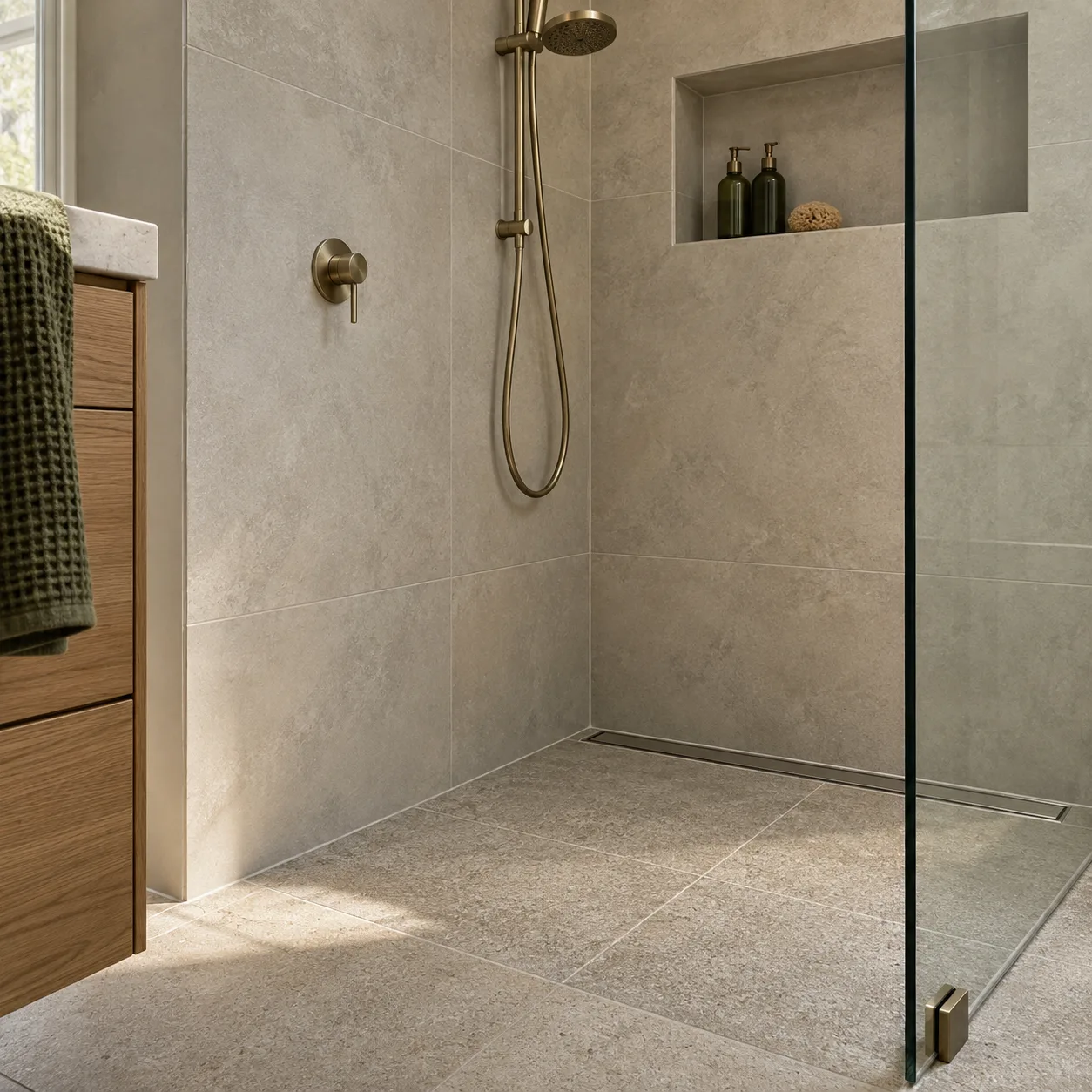 Shower detail showing a linear drain, tiled floor and frameless glass junction — design inspiration