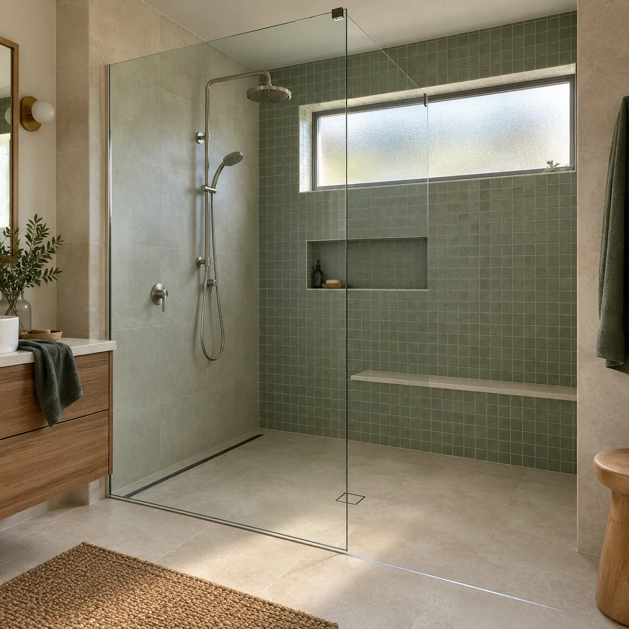 Walk-in shower with sage tiles, a built-in bench and frameless glass — design inspiration