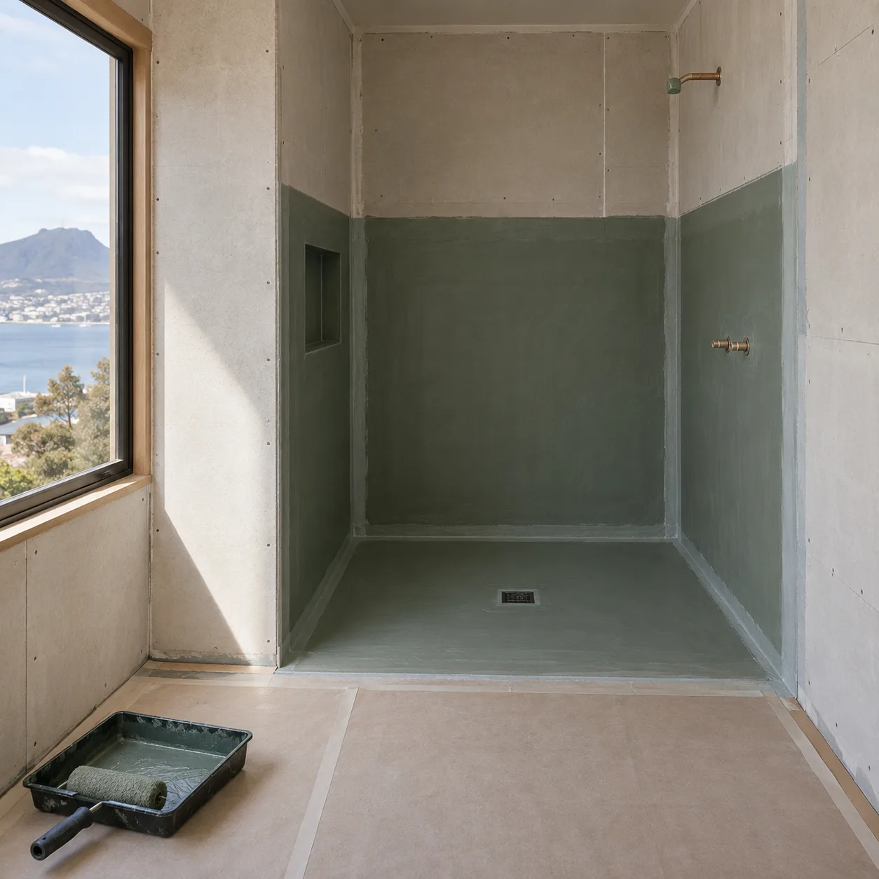Illustrative shower preparation with waterproof membrane before tiling — design inspiration